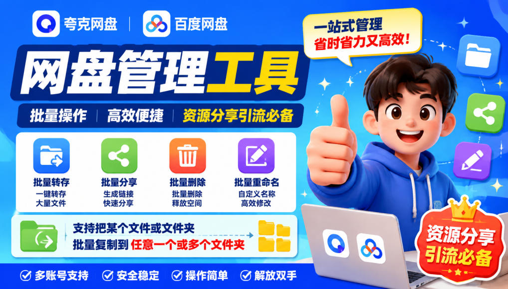 夸克网盘批量文件重命名,批量转存、批量分享、批量复制,内置AI功能-宇文网创