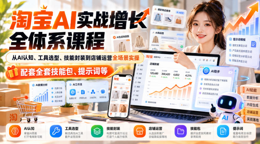 淘宝AI实战增长全体系课程,从AI认知、工具选型、技能封装到店铺运营全场景实操,配套全套技能包、提示词等-宇文网创