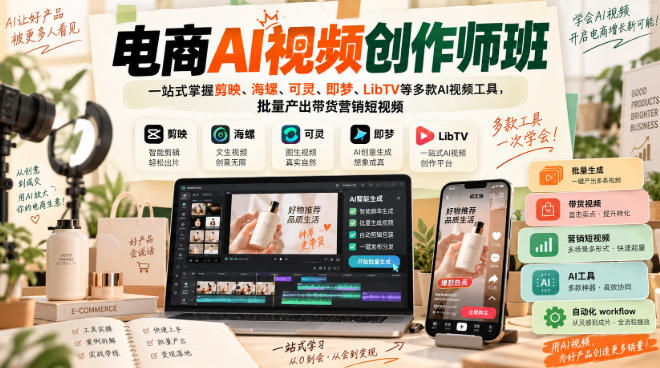 电商AI视频创作师班，一站式掌握剪映、海螺、可灵、即梦、LibTV等多款AI视频工具，批量产出带货营销短视频-宇文网创