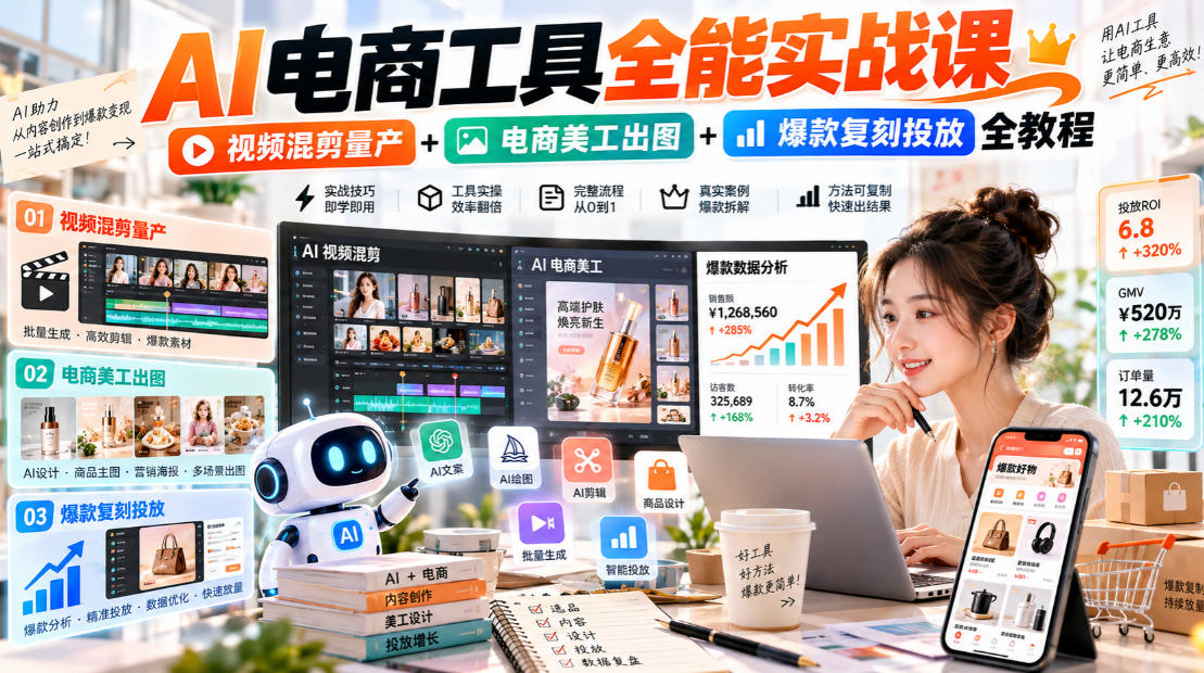 AI电商工具全能实战教学，视频混剪量产+电商美工出图+爆款复刻投放全教程​-宇文网创