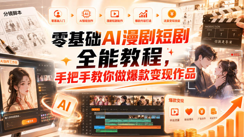 零基础AI漫剧短剧全能教程，从AI智能体搭建、文案脚本分镜、多平台AI生视频、剪映精修，覆盖全题材创作，手把手教你做爆款变现作品-宇文网创