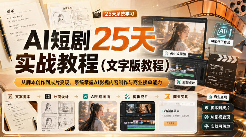 AI短剧25天实战教程（文字版教程），从脚本创作到成片变现，系统掌握AI影视内容制作与商业接单能力-宇文网创