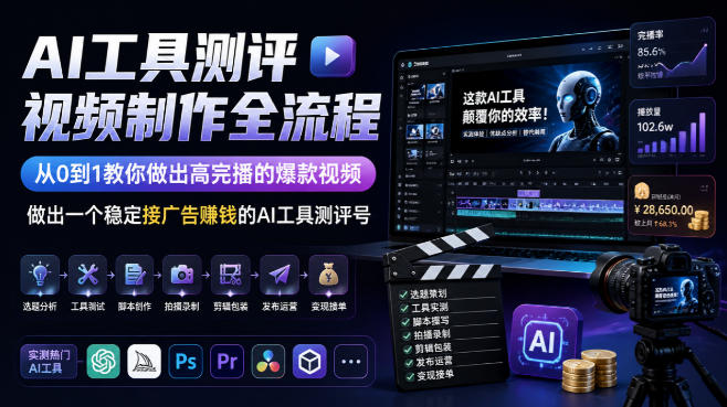 AI工具测评视频制作全流程，从0到1教你做出高完播的爆款视频，做出一个稳定接广告賺钱的AI工具测评号-宇文网创