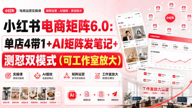 小红书电商矩阵6.0:单店4带1+AI矩阵发笔记+测怼双模式(可工作室放大)-宇文网创