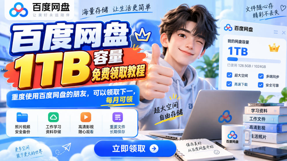百度网盘1TB容量免费领取教程，重度使用百度网盘的朋友，可以领取下一，每月可领-宇文网创