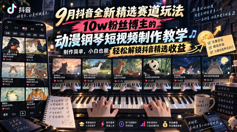 9月抖音全新精选赛道玩法，10w粉丝博主的动漫钢琴短视频制作教学，制作简单，小白也能轻松解锁抖音精选收益-宇文网创