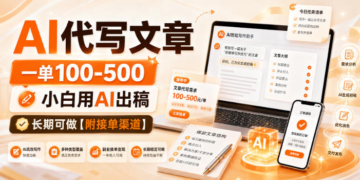 AI代写文章，一单100-500，小白用AI出稿，长期可做【附接单渠道】【揭秘】-宇文网创