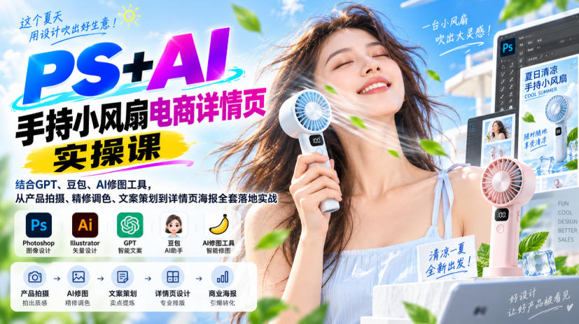 PS+AI手持小风扇电商详情页实操课|结合GPT、豆包、AI修图工具,从产品拍摄、精修调色、文案策划到详情页海报全套落地实战-宇文网创