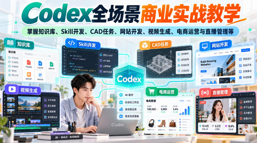 【无水印】Codex全场景商业实战教学,掌握知识库、Skill开发、CAD任务、网站开发、视频生成、电商运营与直播管理等-宇文网创