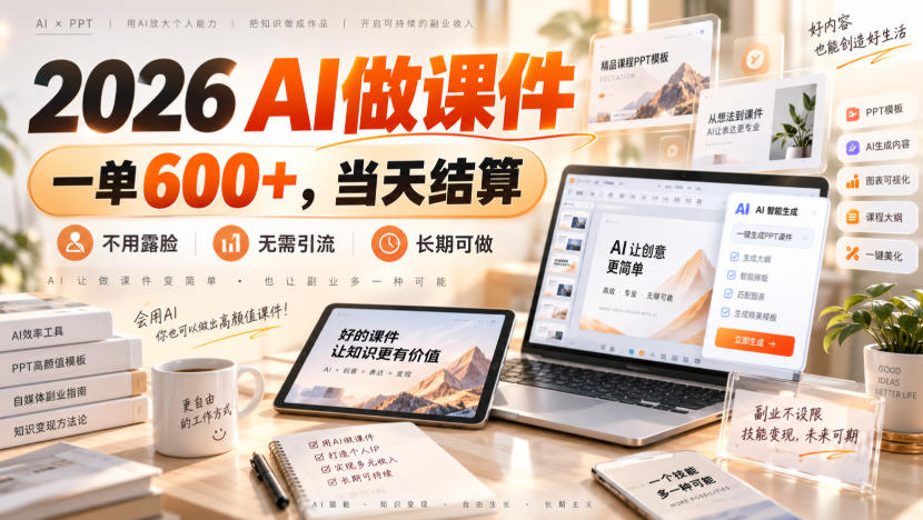 2026 AI做课件,一单600+,当天结算,不用露脸,无需引流,长期可做【揭秘】-宇文网创