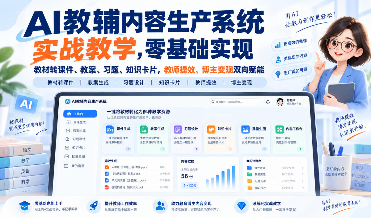 AI教辅内容生产系统实战教学,零基础实现教材转课件、教案、习题、知识卡片,教师提效、博主变现双向赋能-宇文网创