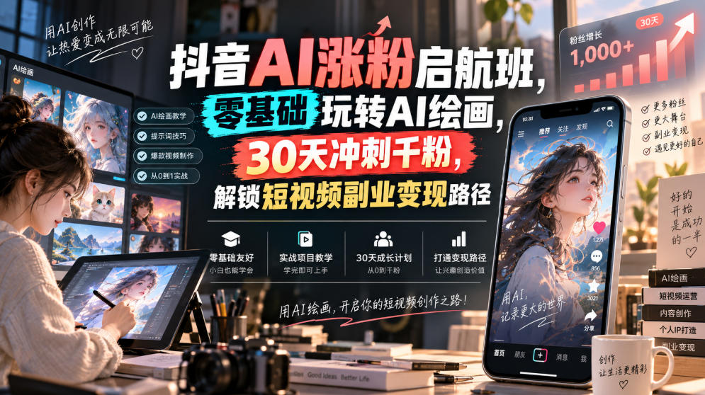 抖音AI涨粉启航班，零基础玩转AI绘画，30天冲刺千粉，解锁短视频副业变现路径-宇文网创