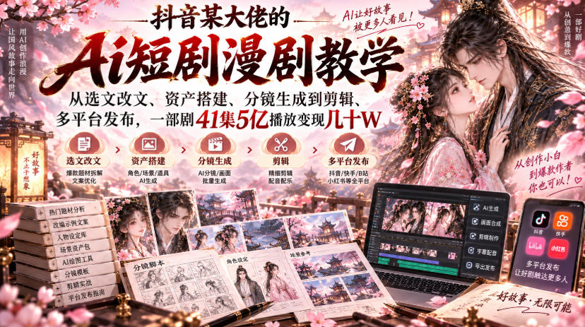 抖音某大佬的Ai短剧漫剧教学,从选文改文、资产搭建、分镜生成到剪辑、多平台发布,一部剧41集5亿播放变现几十W-宇文网创