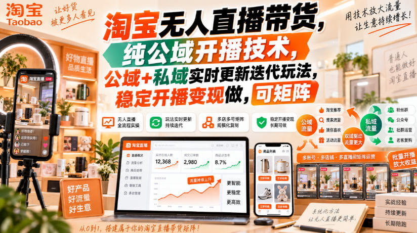 淘宝无人直播带货,纯公域开播技术,公域+私域实时更新迭代玩法,稳定开播变现做,可矩阵【揭秘】-宇文网创