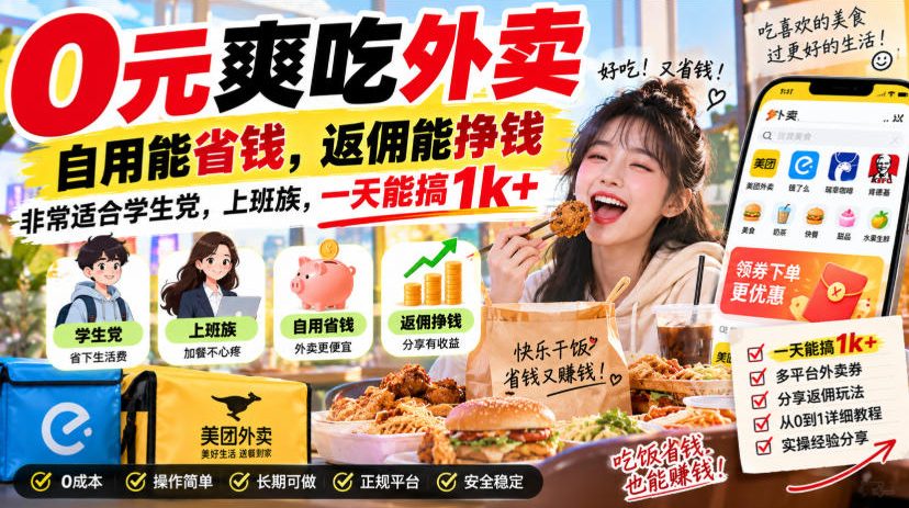 0元爽吃外卖,自用能省钱,返佣能挣钱,非常适合学生党,上班族,一天能搞1k+-宇文网创