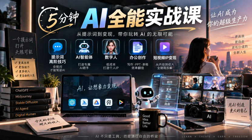 5分钟AI全能实战课|提示词高阶技巧+AI智能体+数字人+办公创作+短视频IP变现全教程-宇文网创