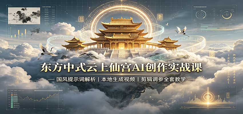 东方中式云上仙宫AI创作实战课：国风提示词解析，本地生成视频，剪辑调参全套教学-宇文网创