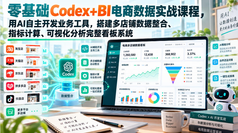 零基础Codex+BI电商数据实战课程,用AI自主开发业务工具,搭建多店铺数据整合、指标计算、可视化分析完整看板系统-宇文网创