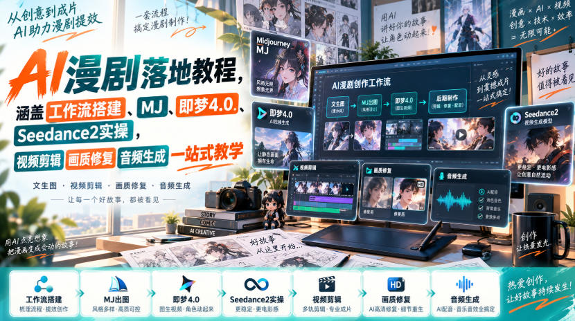 AI漫剧落地教程，涵盖工作流搭建、MJ、即梦4.0、Seedance2实操，视频剪辑画质修复音频生成一站式教学-宇文网创