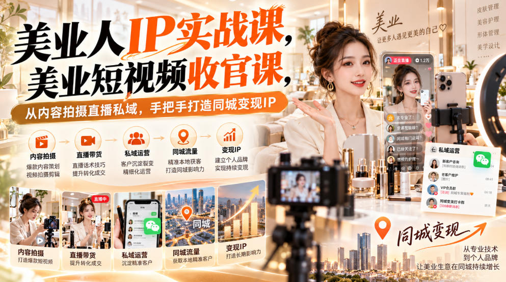 【无水印】美业人IP实战课,美业短视频收官课,从内容拍摄直播私域,手把手打造同城变现IP-宇文网创