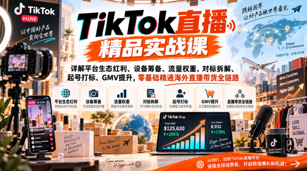 TikTok直播精品实战课，详解平台生态红利、设备筹备、流量权重、对标拆解、起号打标、GMV提升，零基础精通海外直播带货全链路-宇文网创