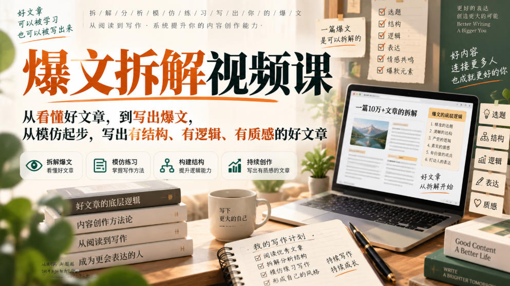 爆文拆解视频课,从看懂好文章,到写出爆文,从模仿起步,写出有结构、有逻辑、有质感的好文章-宇文网创