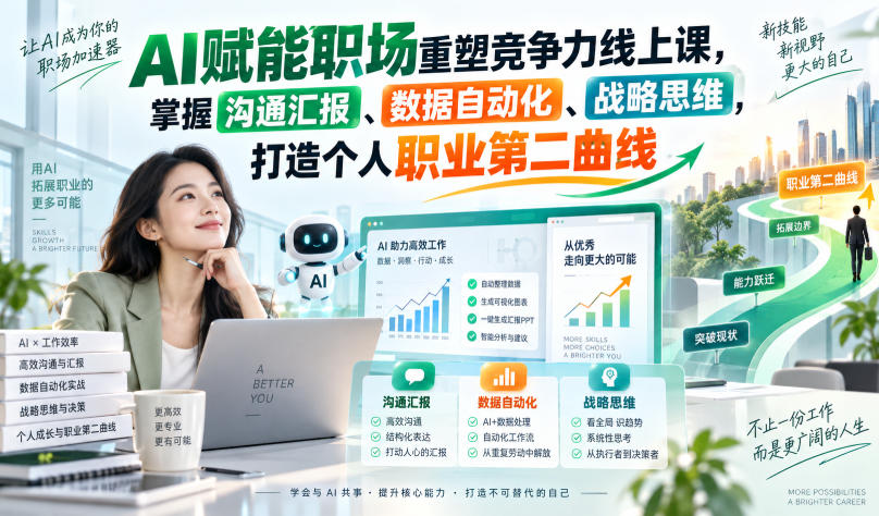 AI赋能职场重塑竞争力线上课，掌握沟通汇报、数据自动化、战略思维，打造个人职业第二曲线-宇文网创