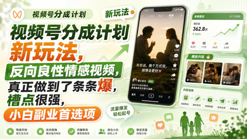 视频号分成计划新玩法，反向良性情感视频，真正做到了条条爆，槽点很强，小白副业首选项-宇文网创