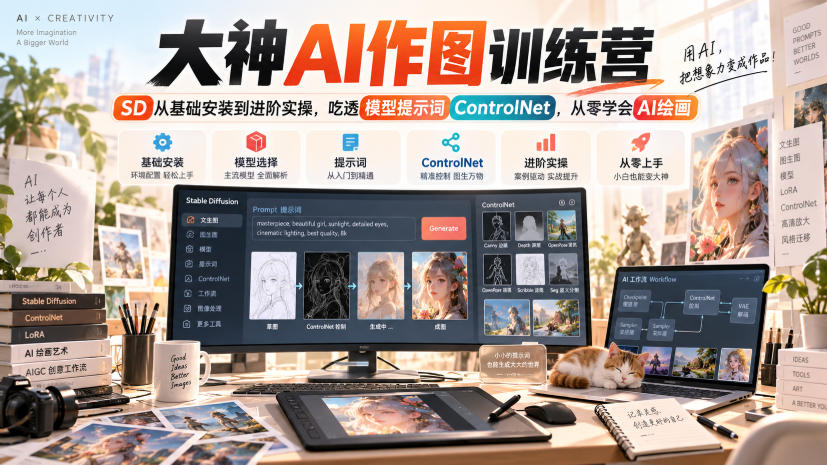 大神AI作图训练营，SD从基础安装到进阶实操，吃透模型提示词ControlNet，从零学会AI绘画-宇文网创