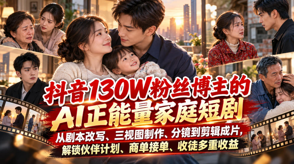 抖音130W粉丝博主的AI正能量家庭短剧，从剧本改写、三视图制作、分镜到剪辑成片，解锁伙伴计划、商单接单、收徒多重收益-宇文网创