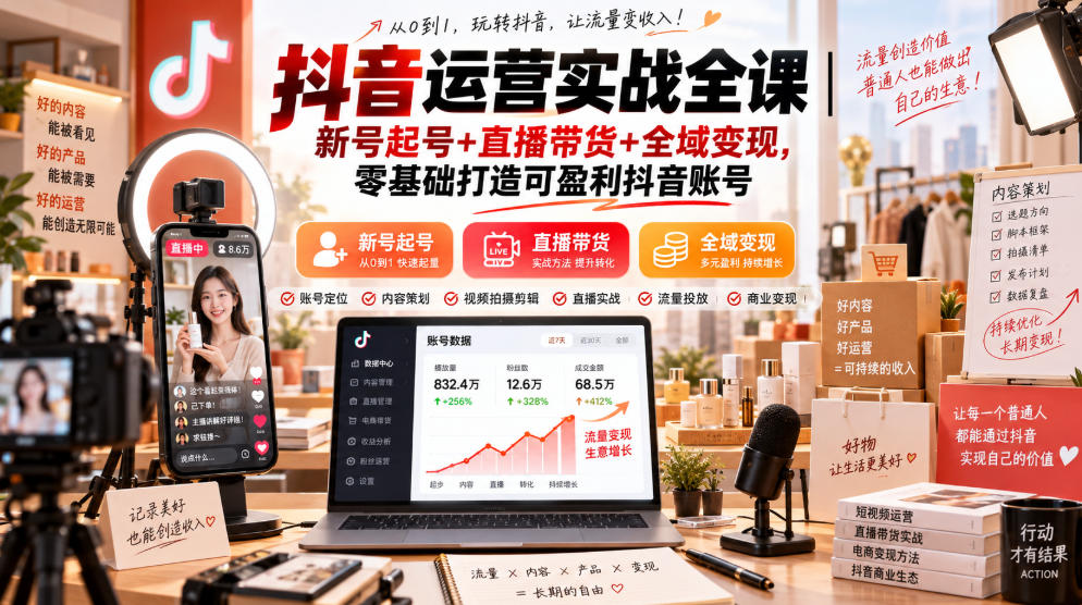 抖音运营实战全课｜新号起号+直播带货+全域变现，零基础打造可盈利抖音账号-宇文网创