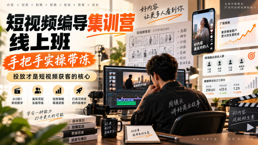 短视频编导集训营线上班,手把手实操带冻,投放才是短视频获客的核心-宇文网创