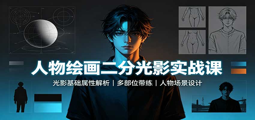 人物绘画二分光影实战课：光影基础属性解析，多部位带练，人物场景设计-宇文网创