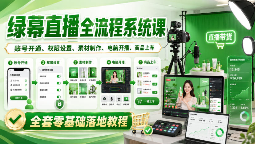 绿幕直播全流程系统课，账号开通、权限设置、素材制作、电脑开播、商品上车全套零基础落地教程-宇文网创