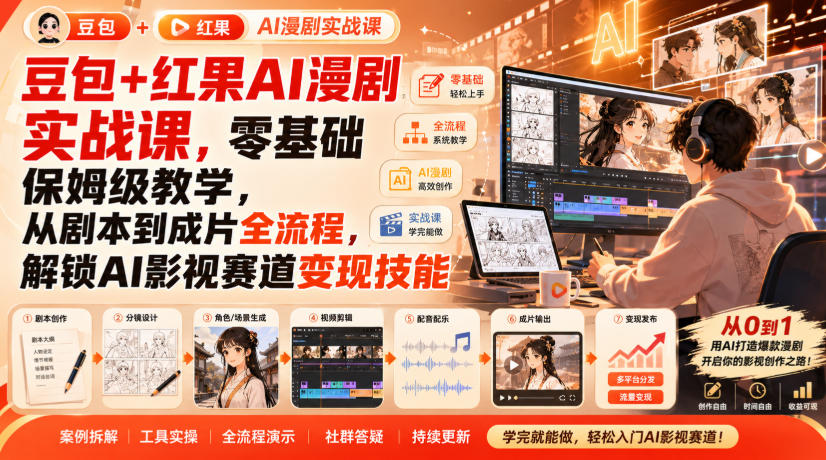 豆包+红果AI漫剧实战课,零基础保姆级教学,从剧本到成片全流程,解锁AI影视赛道变现技能-宇文网创