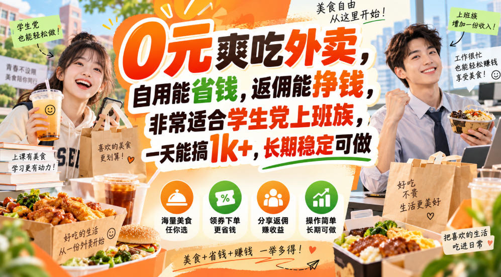0元爽吃外卖,自用能省钱,返佣能挣钱,非常适合学生党上班族,一天能搞1k+,长期稳定可做-宇文网创