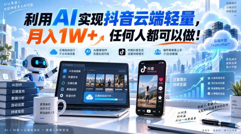 利用AI实现抖音云端轻量,月入1W+,任何人都可以做!【揭秘】-宇文网创