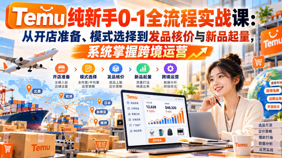 【无水印】Temu纯新手0-1全流程实战课:从开店准备、模式选择到发品核价与新品起量,系统掌握跨境运营-宇文网创