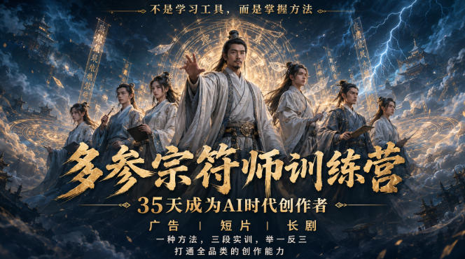 多参宗符师训练营,35天成为AI时代创作者,广告|短片|长剧,一种方法,三段实训,举一反三,打通全品类的创作能力-宇文网创