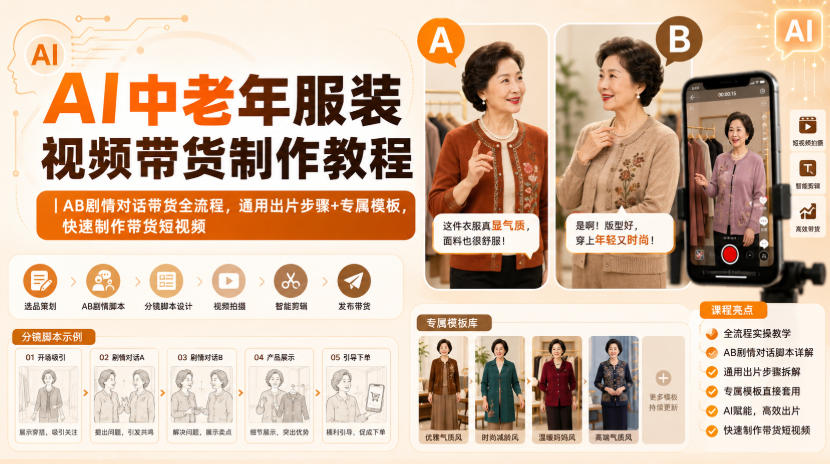 AI中老年服装视频带货制作教程|AB剧情对话带货全流程,通用出片步骤+专属模板,快速制作带货短视频-宇文网创