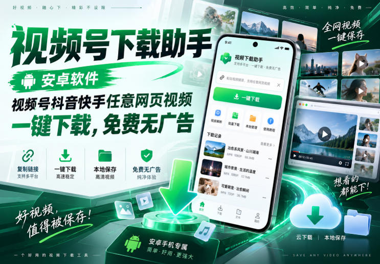 视频号下载助手，安卓软件，视频号抖音快手任意网页视频，一键下载，免费无广告-宇文网创