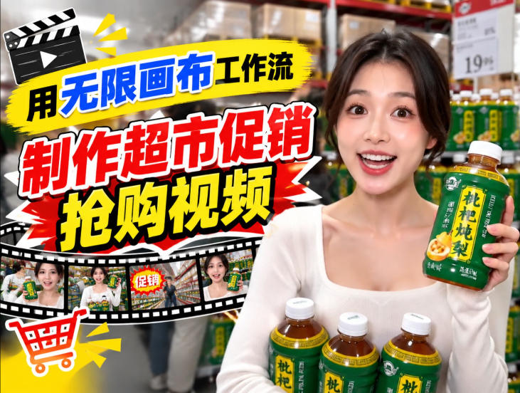 无限画布超市促销抢购视频工作流,一键产出TikTok抖音带货短视频-宇文网创