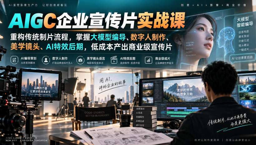 AIGC企业宣传片实战课,重构传统制片流程,掌握大模型编导、数字人制作、美学镜头、AI特效后期,低成本产出商业级宣传片-宇文网创
