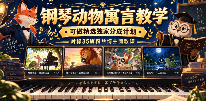 钢琴动物寓言教学,可做精选独家分成计划,对标35W粉丝博主同款课-宇文网创