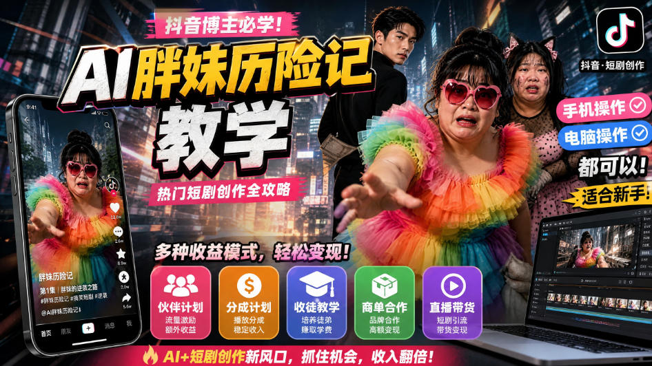 抖音博主的AI胖妹历险记教学，伙伴计划+分成计划+收徒+商单等多种收益，适合新手，手机电脑都可以操作-宇文网创