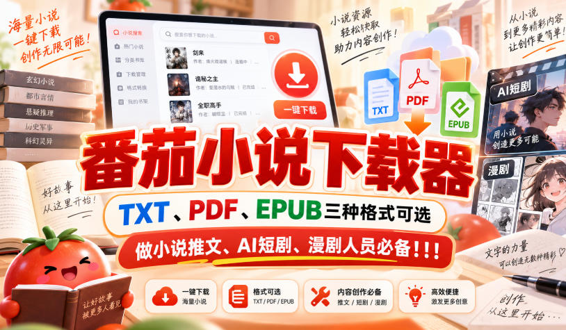 番茄小说下载器，TXT、PDF、EPUB三种格式可选，做小说推文、AI短剧、漫剧人员必备！！！-宇文网创