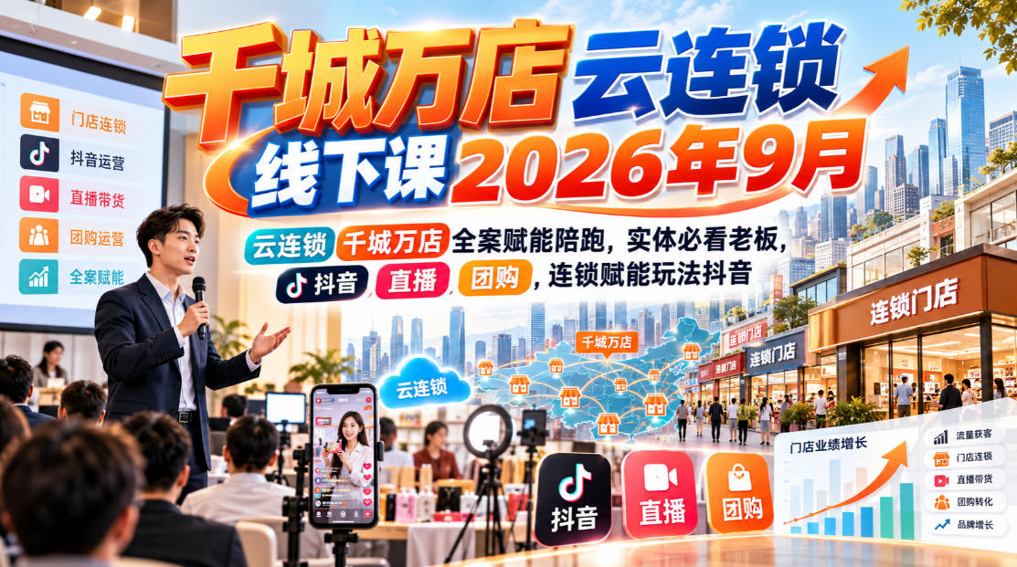 千城万店云连锁线下课2026年9月，云连锁千城万店全案赋能陪跑，实体必看老板，抖音，直播，团购，连锁赋能玩法抖音-宇文网创