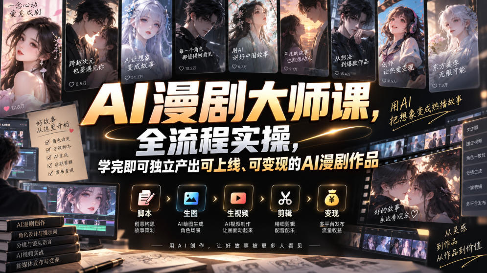 AI漫剧大师课,全流程实操,学完即可独立产出可上线、可变现的AI漫剧作品-宇文网创