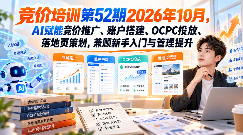 【无水印】竞价培训第52期2026年10月，AI赋能竞价推广、账户搭建、OCPC投放、落地页策划，兼顾新手入门与管理提升-宇文网创