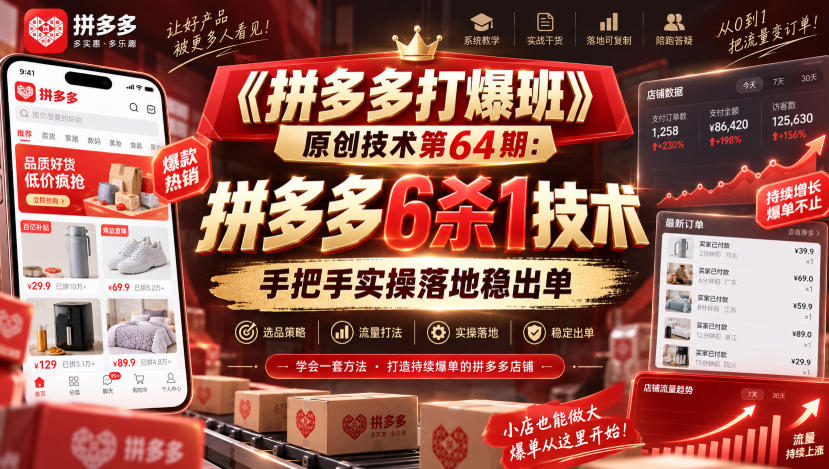 《拼多多打爆班》原创技术第64期：拼多多6杀1技术，手把手实操落地稳出单-宇文网创